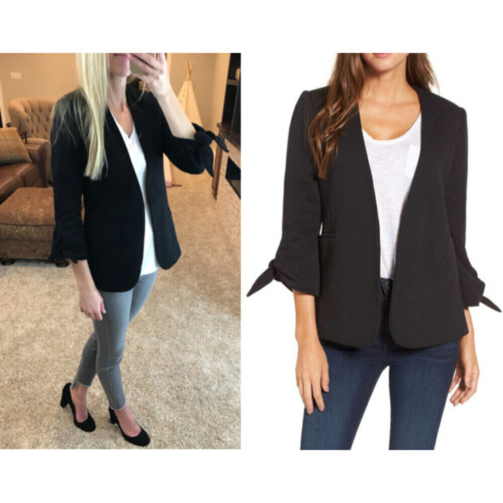Olivia Moon Women's Blazer Tie Sleeve Knit in Blue Navy Size XXS $179